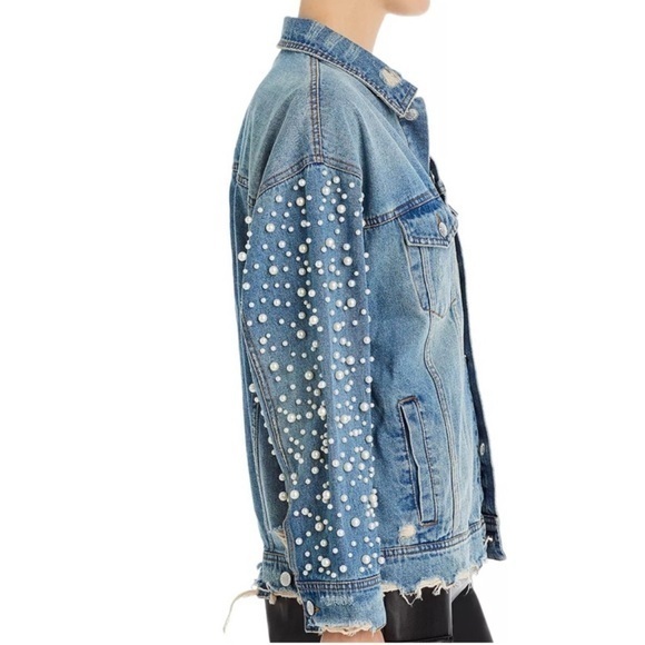 NEW Sunset & Spring Distressed Jean Jacket Oversized Pearl Embellished Denim XS - Picture 6 of 16